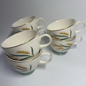 Vtg International China Viking Wheat Teacups Teal Aqua Gold Trim Set Of 6